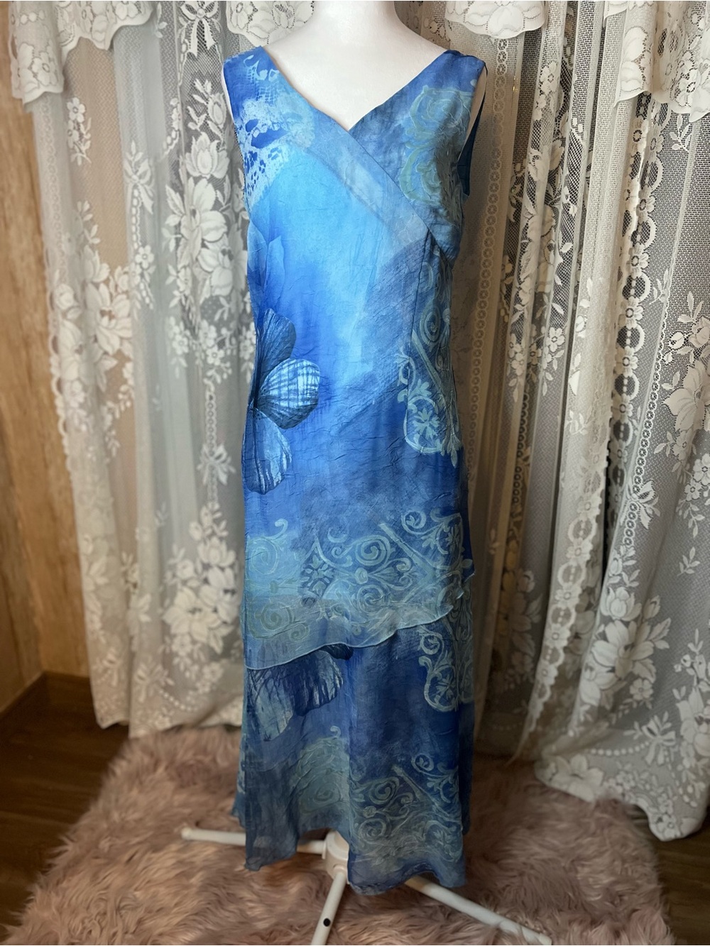 Vintage 90s Blue Floral V-Neck Maxi Dress